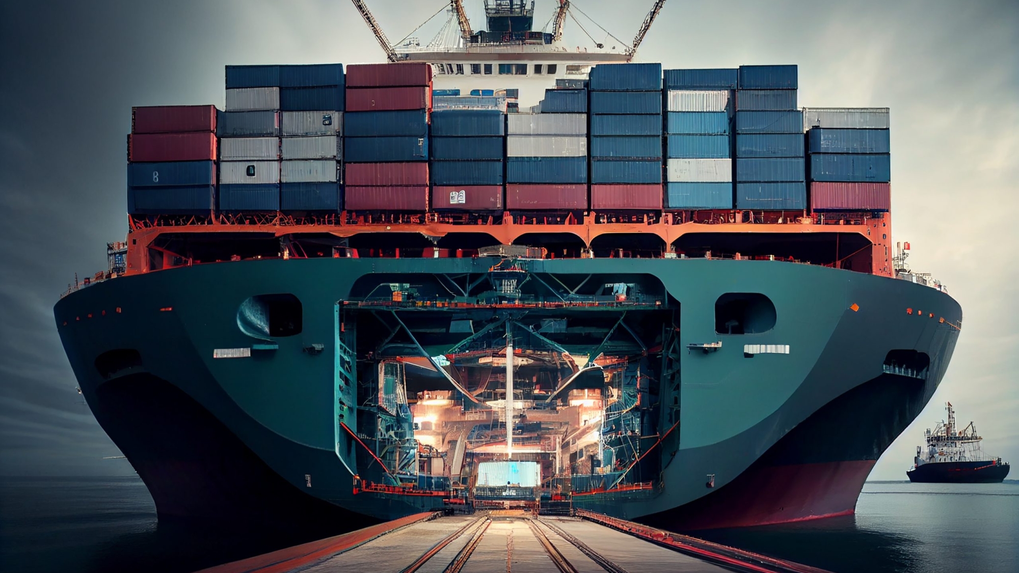 large cargo ship with containers in the port ,generative artificial intelligence